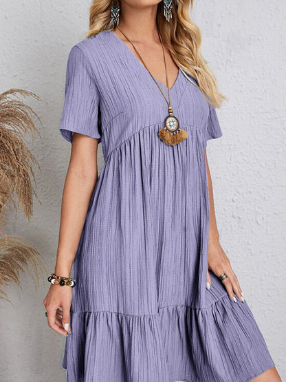 A-line Loose Pleated Color Split-joint V-neck Mini Dresses