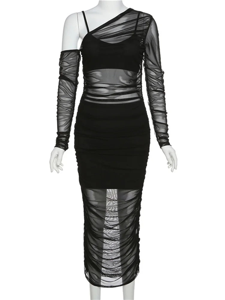 Mesh See Through Dress 3 Piece Set Female Clothing Slim Camisole Black Bodycon Skirts