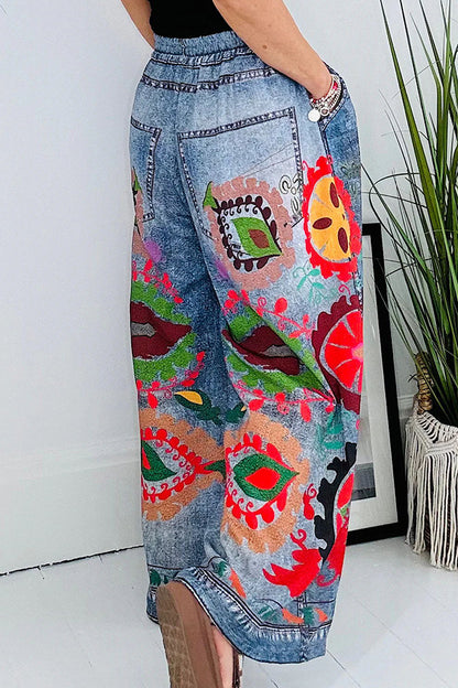 Hippie Style Unique Denim Print Elastic Waist Pocketed Wide Leg Pants