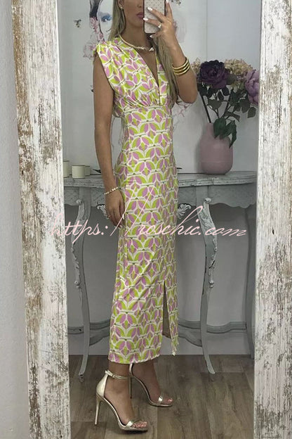 Forever Here Printed Padded Shoulder Front Center Slit Midi Dress