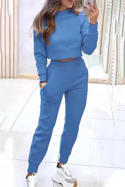 Color Loose Long Sleeve Crop Top and Elastic Waist Pocket Pants Set