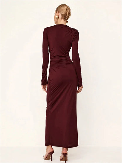 Pleated Slim Maxi Dress for High Waist Long Sleeve Bandage Autumn Dress Patchwork Long Dress