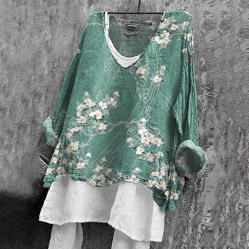 Comstylish Women's Retro Japanese Flower Art V-neck T-shirt