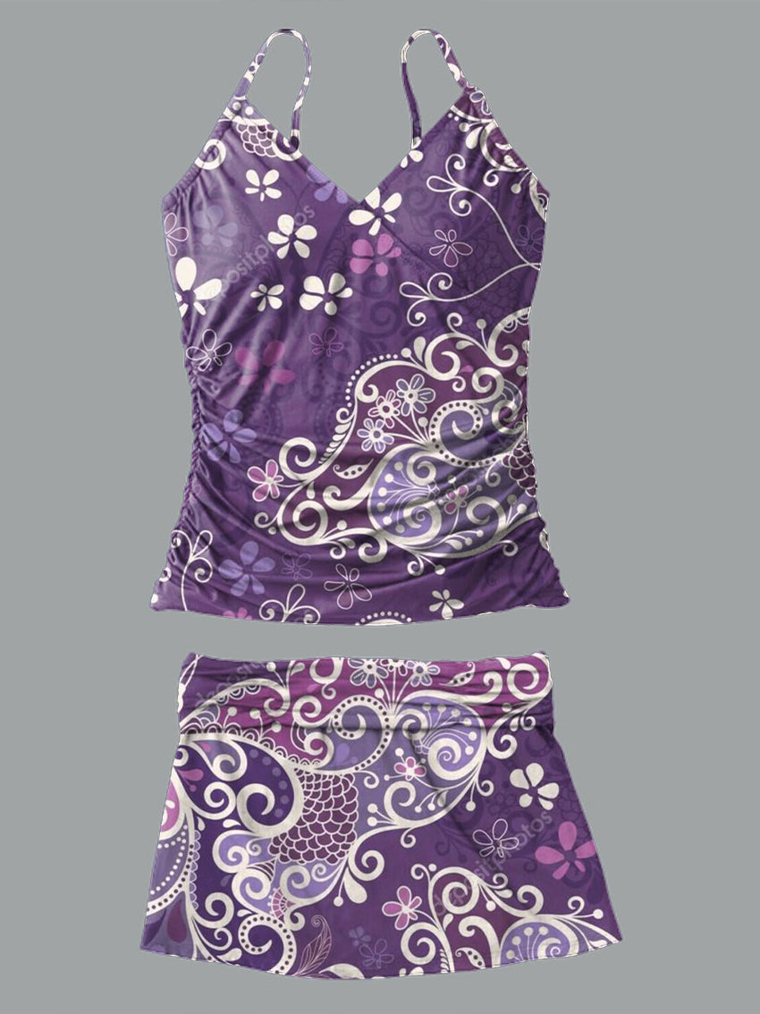 V-Neck Vintage Flowers Print Suspender Skirt Tankini Pantskirt Set Swimsuit