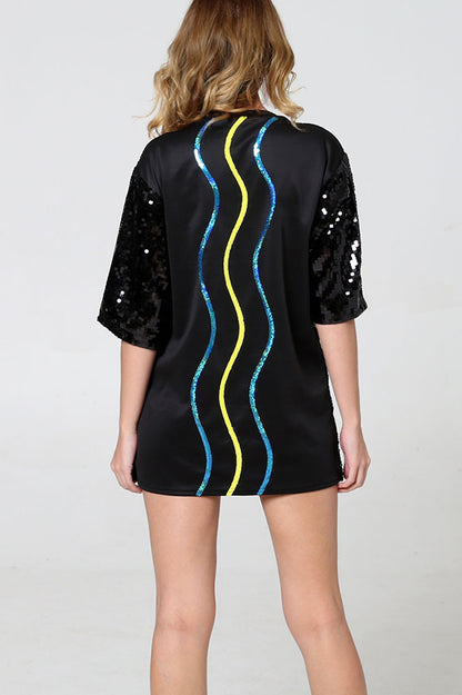 Love Eyes Letters Sequined Round Neck Short Sleeve Mid-length Loose T-shirt