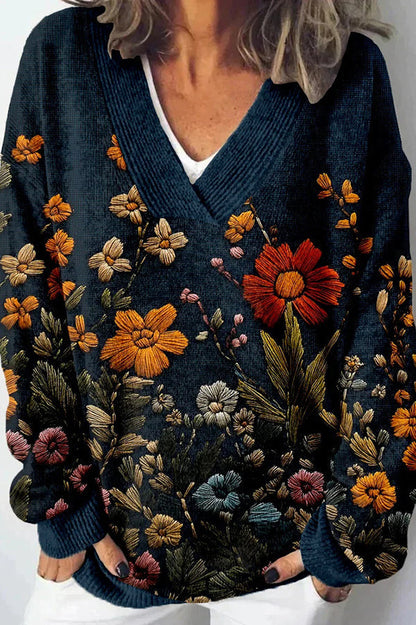 Unique Printed V-neck Long Sleeve Loose Sweater