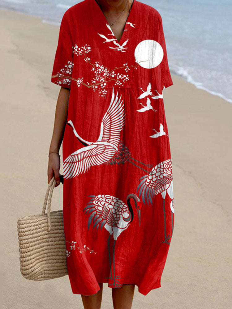 Women'S Vintage Crane Art Print V Neck Flowy Midi Dress