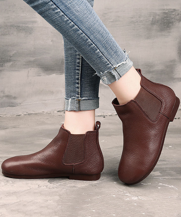 Coffee Boots Cowhide Leather Warm Fleece Flat Boots