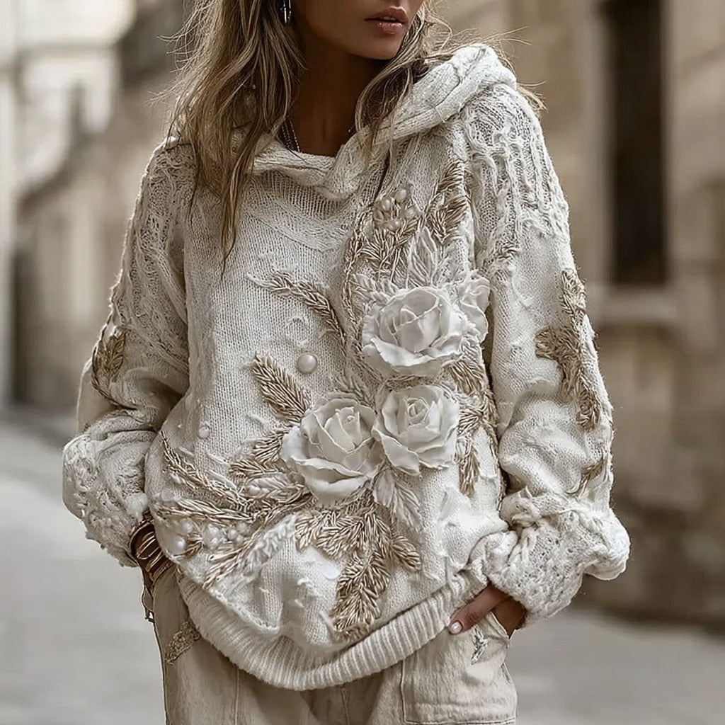 Women's Vintage White Rose Knitted Warm Hooded Sweater