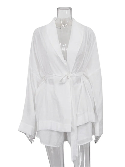 White Lace-up 2 Piece-set Shorts for Loose Bandage Cardigan Coat and High Waist Shorts Sets Female Outfits