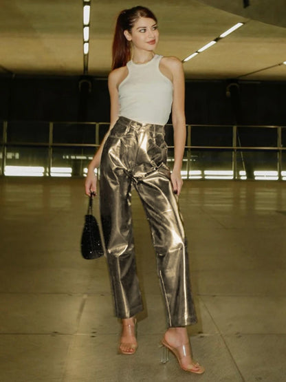 Silver Pu Pants High Waist Loose Wide Leg Pants Clubwear Party Femme Long Pant Autumn