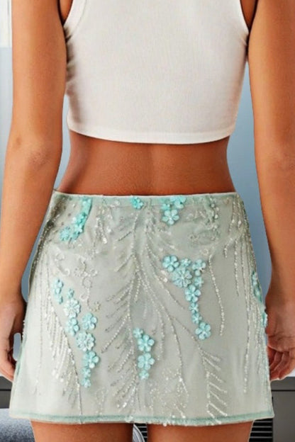 3d Embroidered Sheer Mesh Sequin Skirt