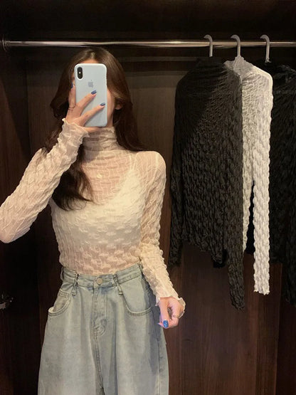 Lace Mesh High Collar Bottom T-shirts Female Long Sleeve Autumn Style Tight Thin Tops T-shirts Clothes