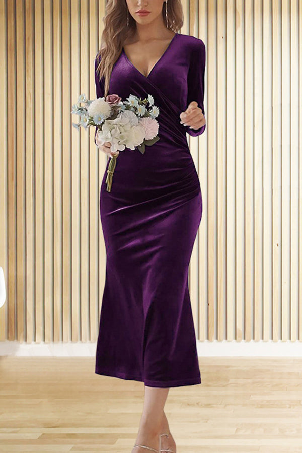 Color Velvet Long Sleeve V-neck Slim Fit Fishtail Maxi Dress