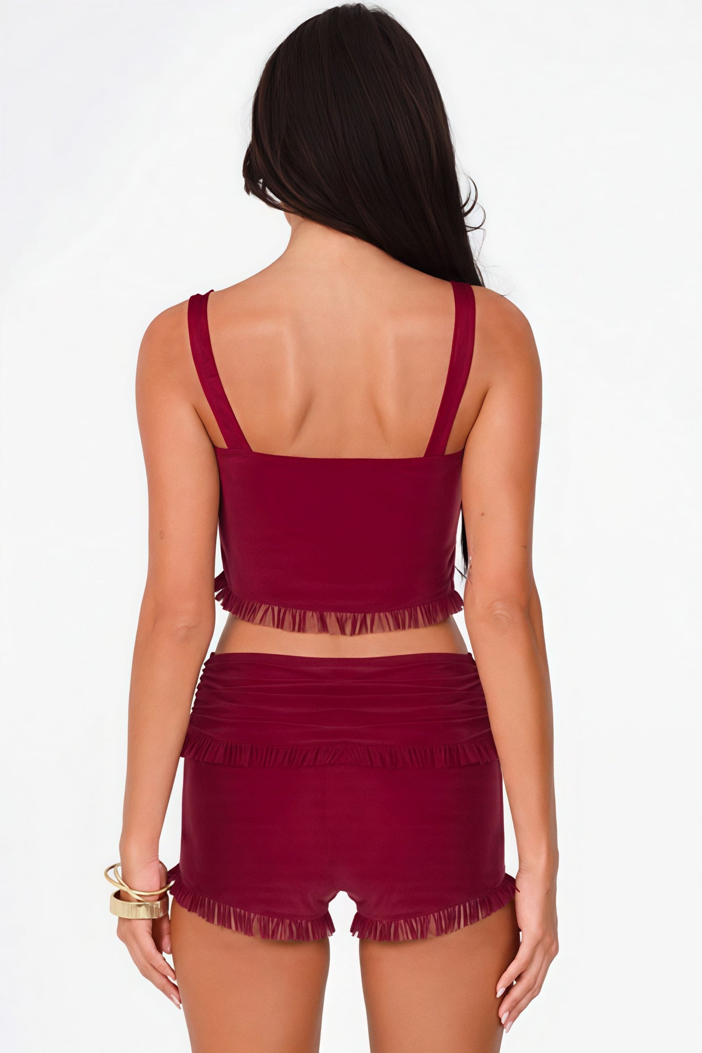 Snap Button Cami Top Slim Ruffle Shorts Skirt Set