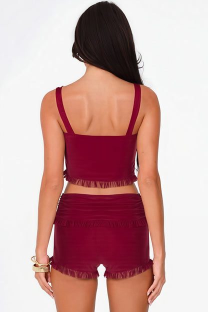 Snap Button Cami Top Slim Ruffle Shorts Skirt Set