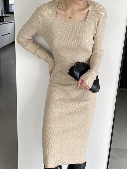 Simple Skinny Long Sleeves Color Square-neck Sweater Dresses