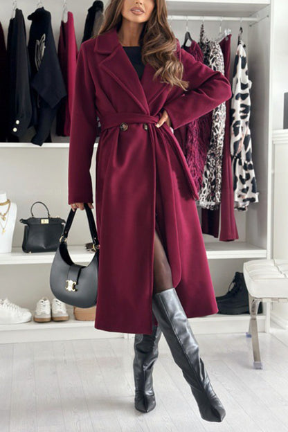 Color Lapel Long Sleeve Waist Tie Long Coat