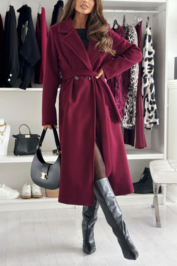 Color Lapel Long Sleeve Waist Tie Long Coat