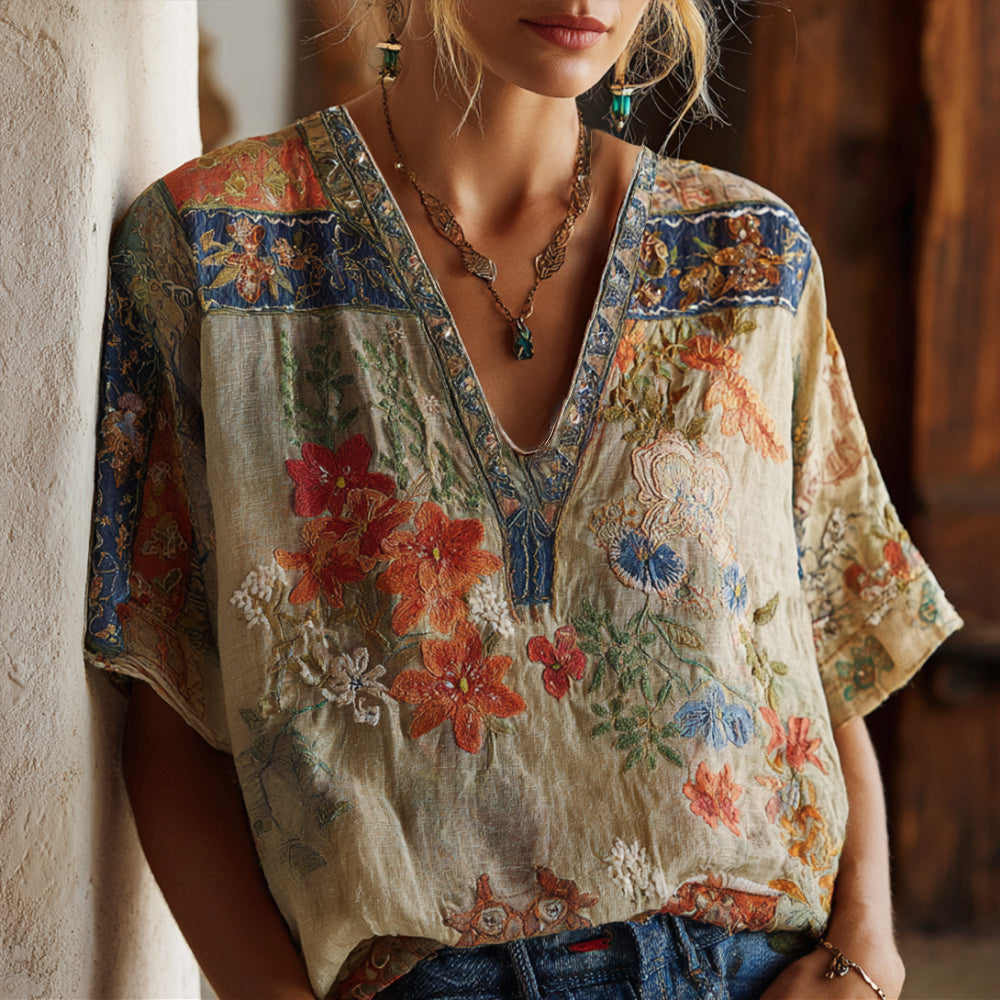 Bohemian Three-dimensional Floral Embroidery Pattern Vintage V-neck Short-sleeved Shirt elevenforest