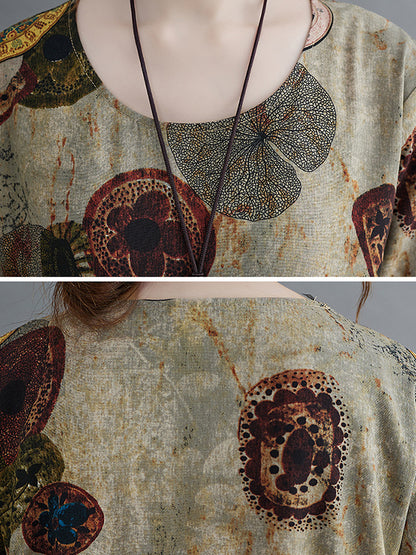 Artistic Retro Loose Long Sleeves Printed Round-neck Maxi Dresses