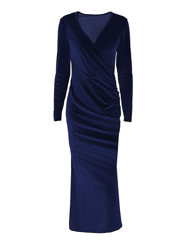 Bodycon Long Sleeves Pleated Color Split-joint V-neck Evening Dresses Maxi Dresses