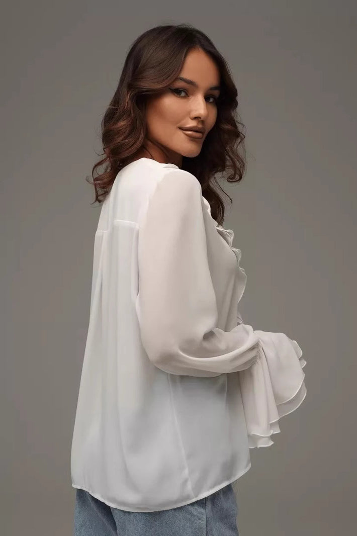 V-neck Ruffled Flare Sleeve Blouse