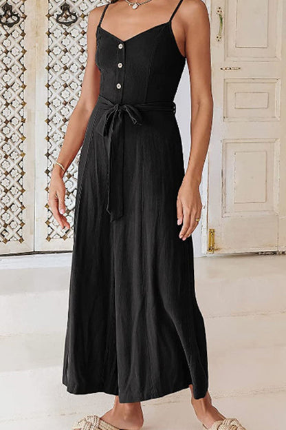 Sleeveless Spaghetti Strap V-neck Gathered Wide-leg Jumpsuit