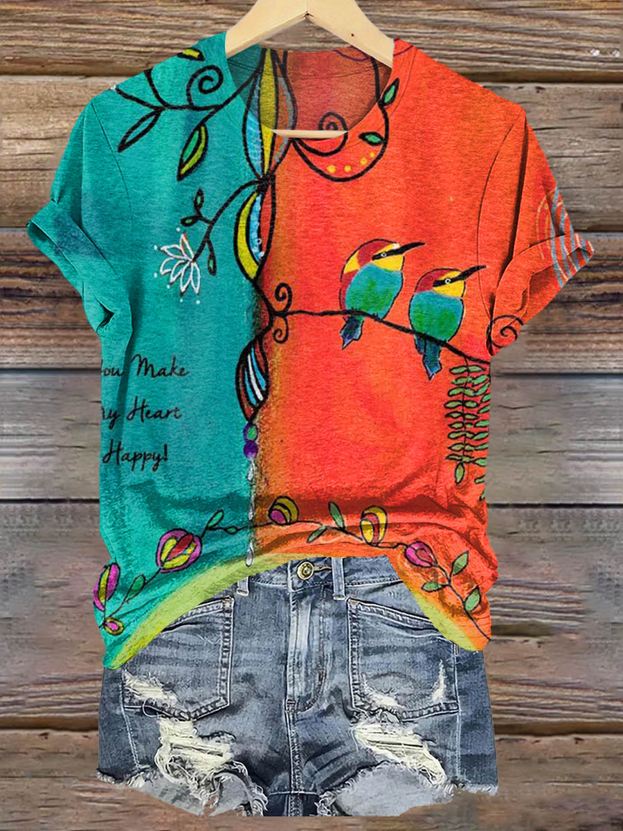 Vintage Bird Art Print Casaul Short Sleeve T-shirt