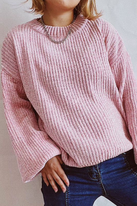 Color Round Neck Lantern Sleeve Short Knitted Sweater