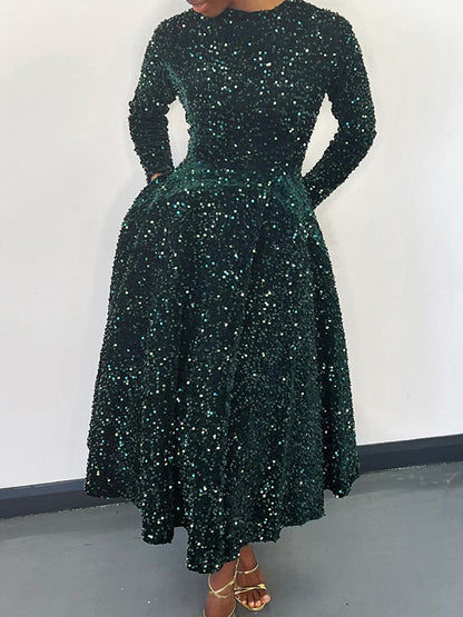 A-line High Waisted Sequined Split-joint Zipper Round-neck Maxi Dresses