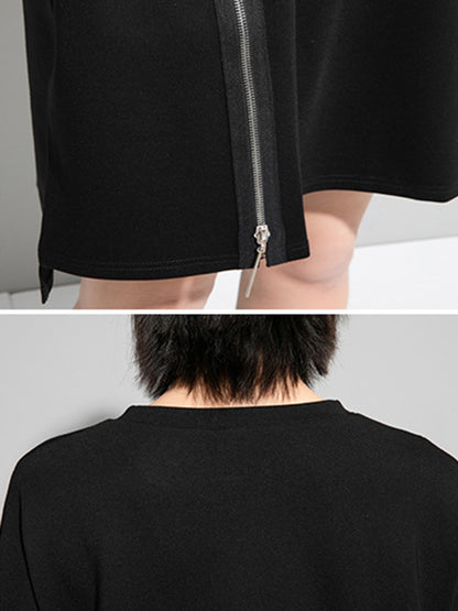 Original Black Zipper Batwing Sleeve Round-neck Mini Dress