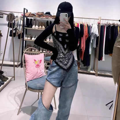 Zipper Removable Jeans Straight Leg Trousers High Waist Y2k E- Denim Pants New