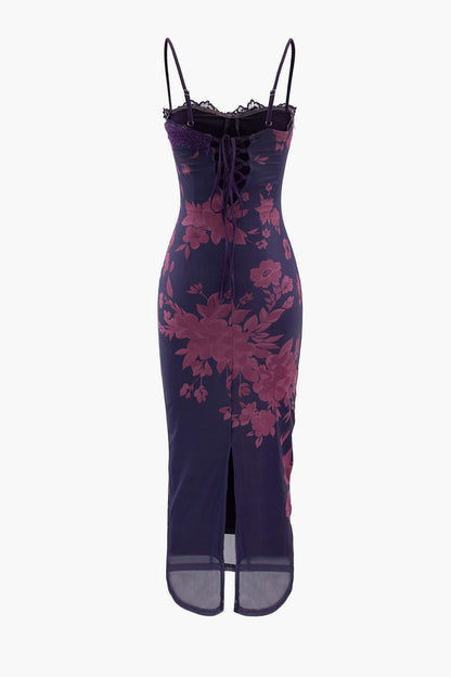 Lace Trim Slit Maxi Dress With Print