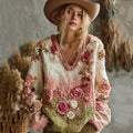 Love & Health Collection Retro Western Women Style Vintage Rose And Floral Patchwork Art V Neck Linen Shirt elevenforest