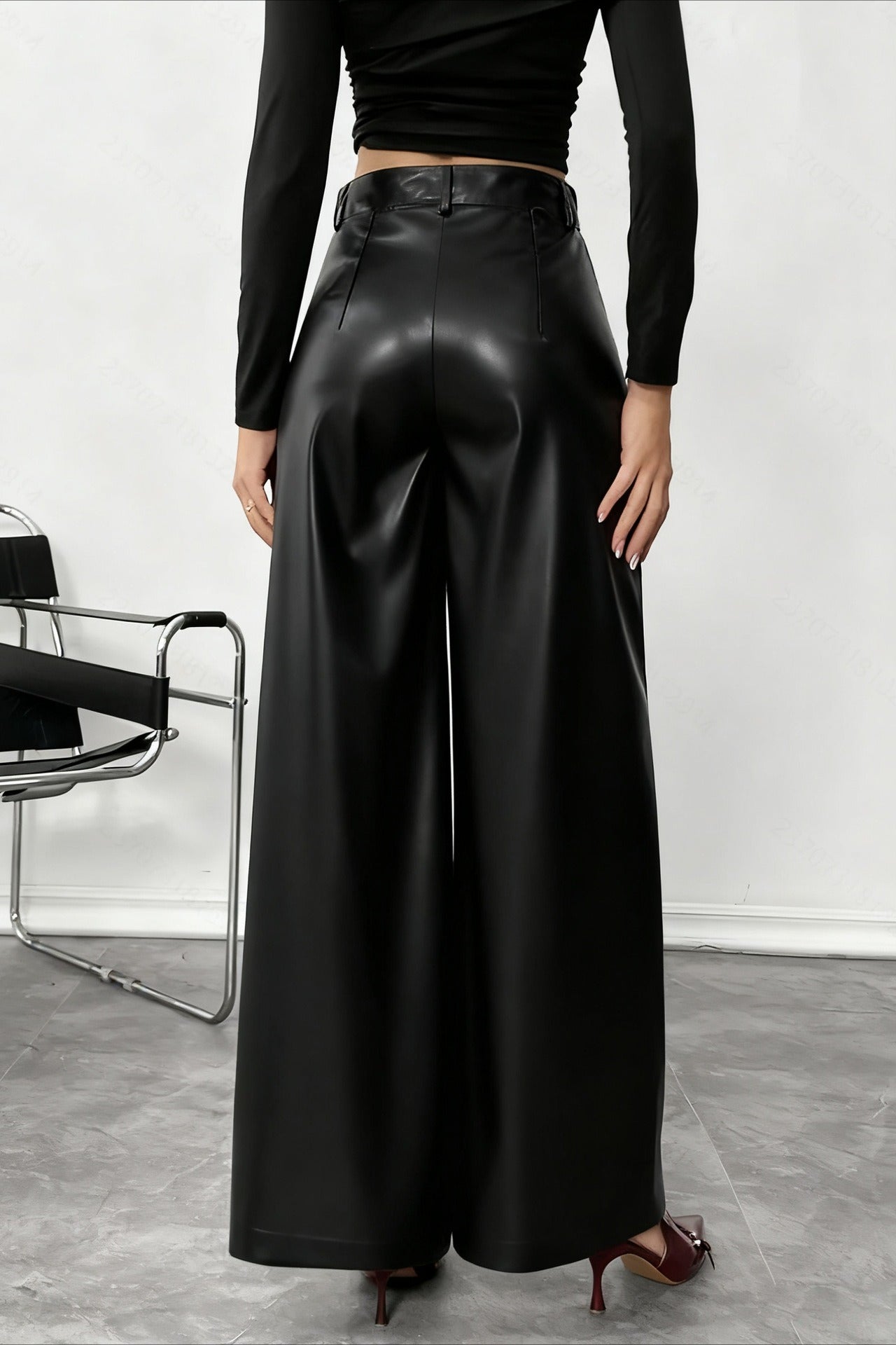 High Waist Fluid Black Pu Leather Wide Leg Pants