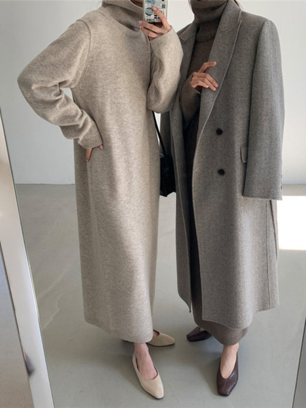 Long Sleeves Loose Color High-neck Sweater Dresses