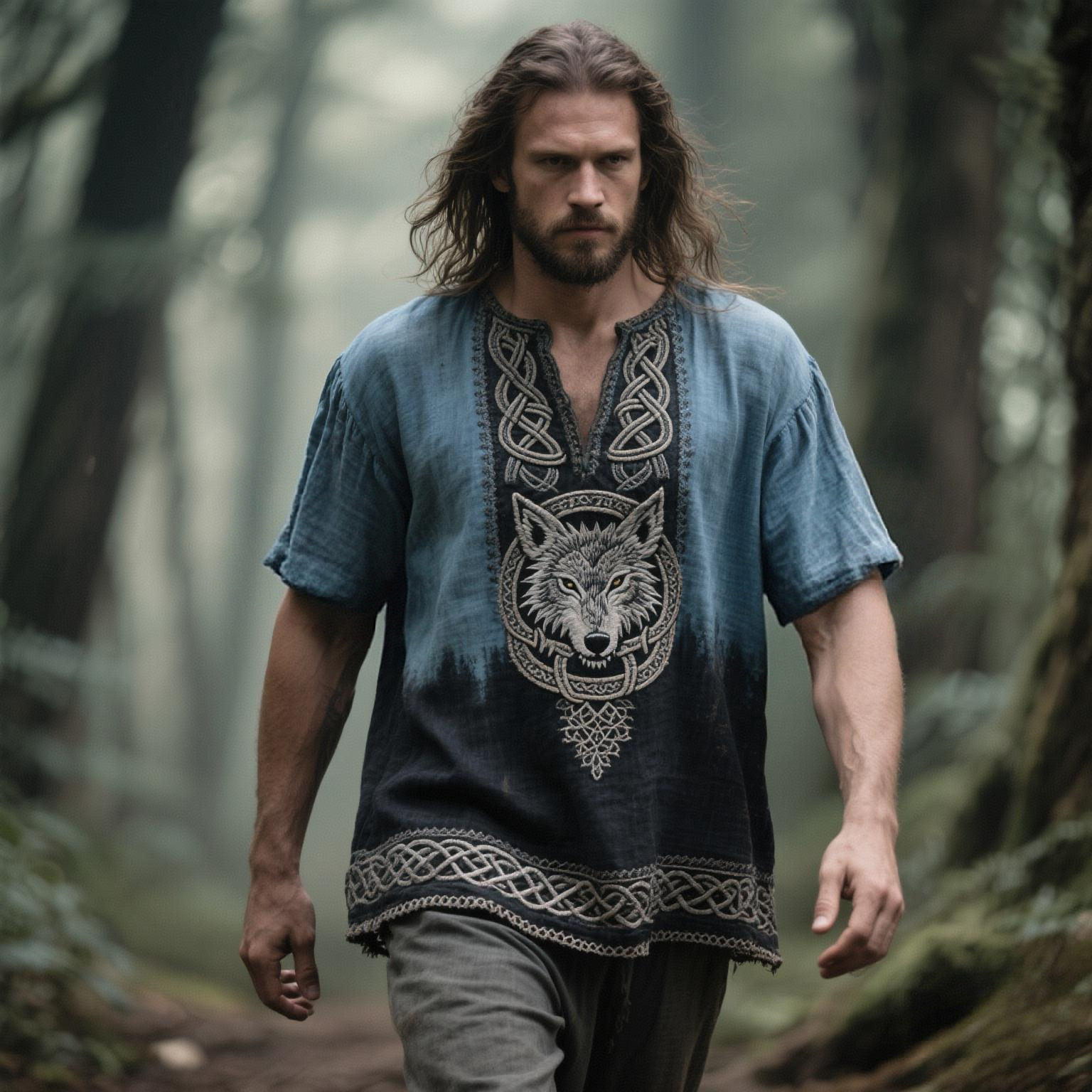 Men's Viking Wolf Embroidered V-neck Linen Blend Shirt elevenforest