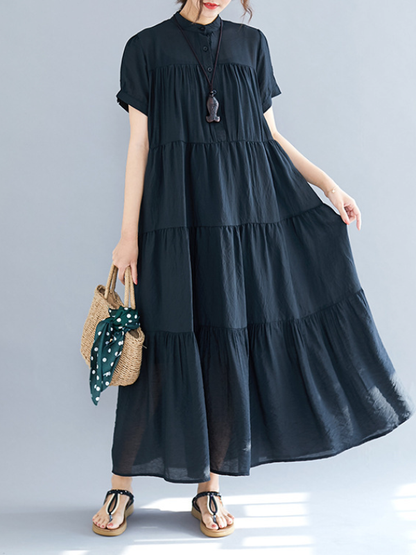 Loose Split-joint Pleated Short Sleeves Round-neck Midi Dress