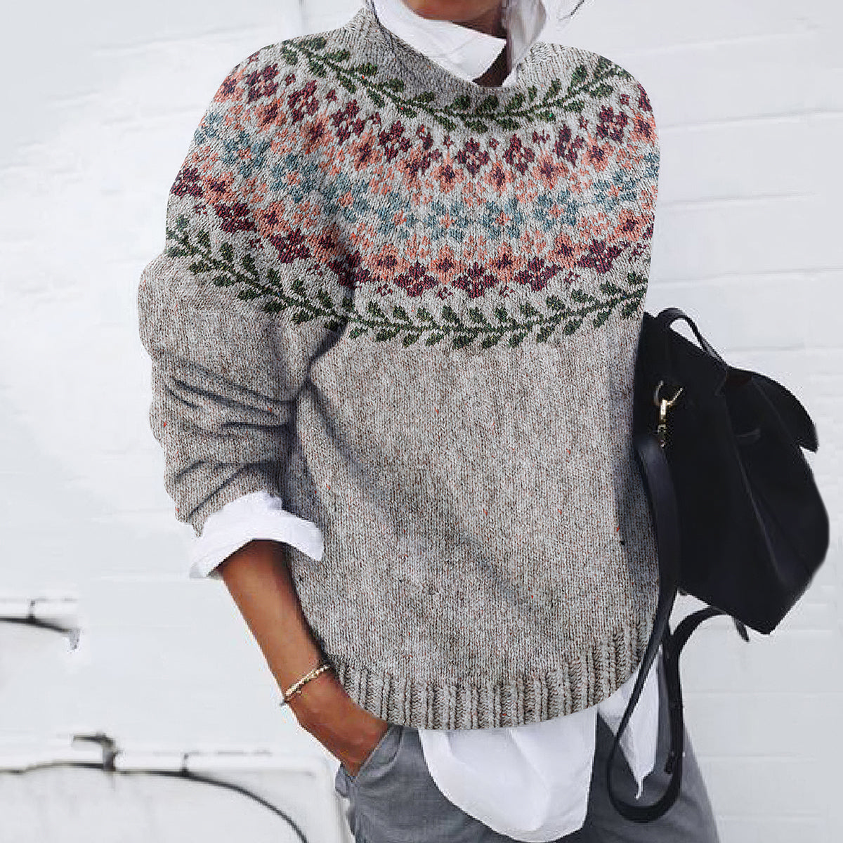 Retro Geometric Floral Knitted Print Cozy Sweater elevenforest
