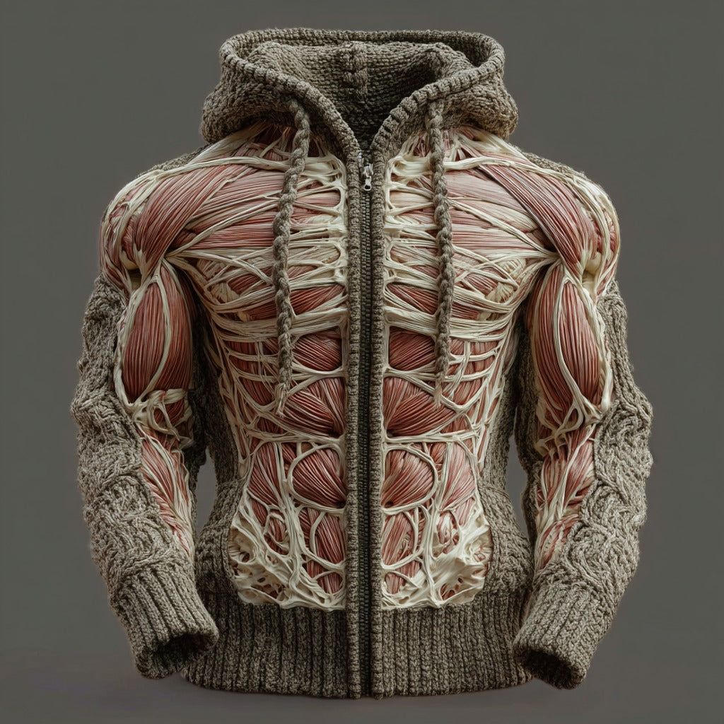 Men's Skull Line Art Knit Zip-up Hooded Sweater artswardrobe