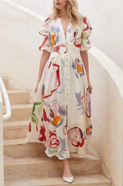 Lover's Gaze Watercolor Printed Puff Sleeve Button Maxi Dress