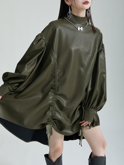 High-low Long Sleeves Drawstring Pleated Color Stand Collar Mini Dresses