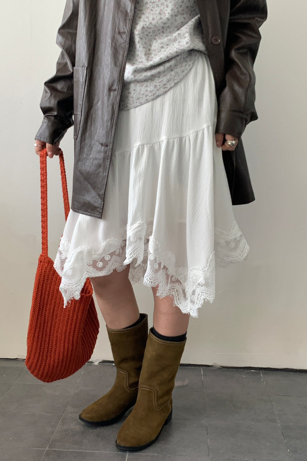 Fashionable Asymmetrical Lace Panel Midi Skirt