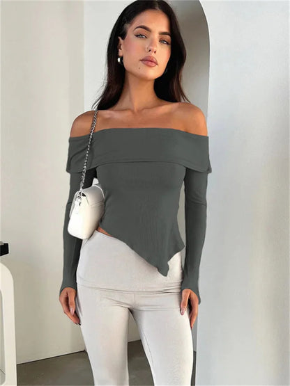Off-shoulder Ribbed Slim Crop Top Tee Long Sleeve Patchwork Y2k Top Female T-shirt