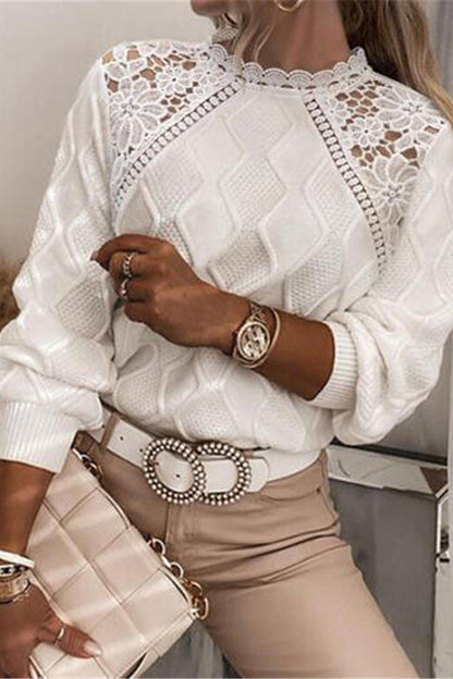 Color Round Neck Lace Hollow Shoulder Sweatshirt