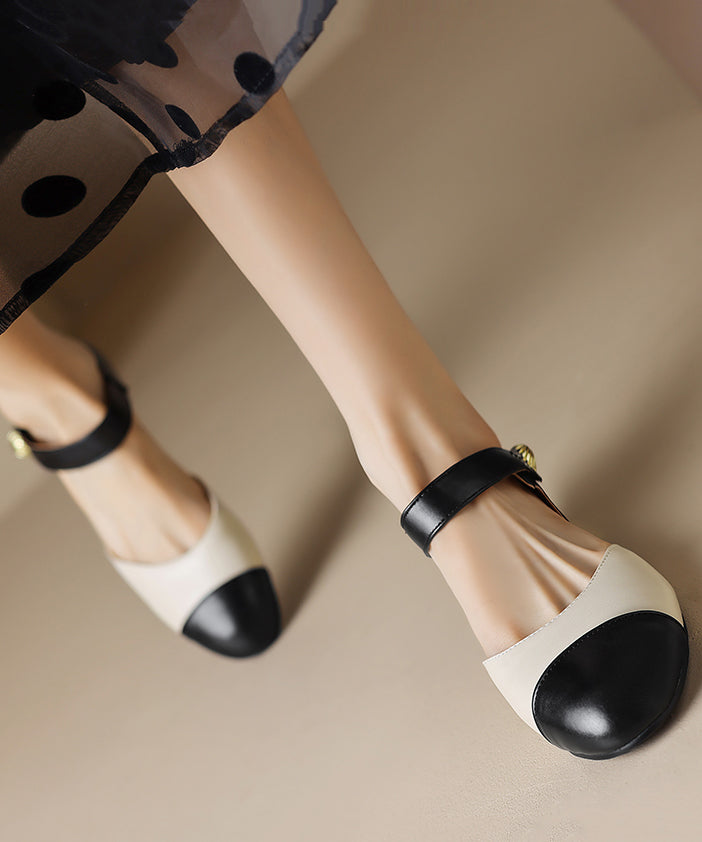 Faux Leather Flat Sandals Beige Splicing Buckle Strap