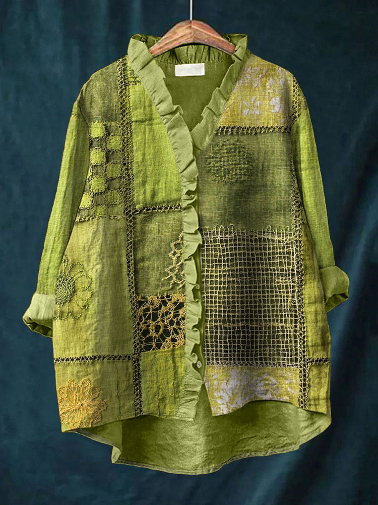 Green Floral Embroidery Art Linen Blend Ruffle Shirt elevenforest