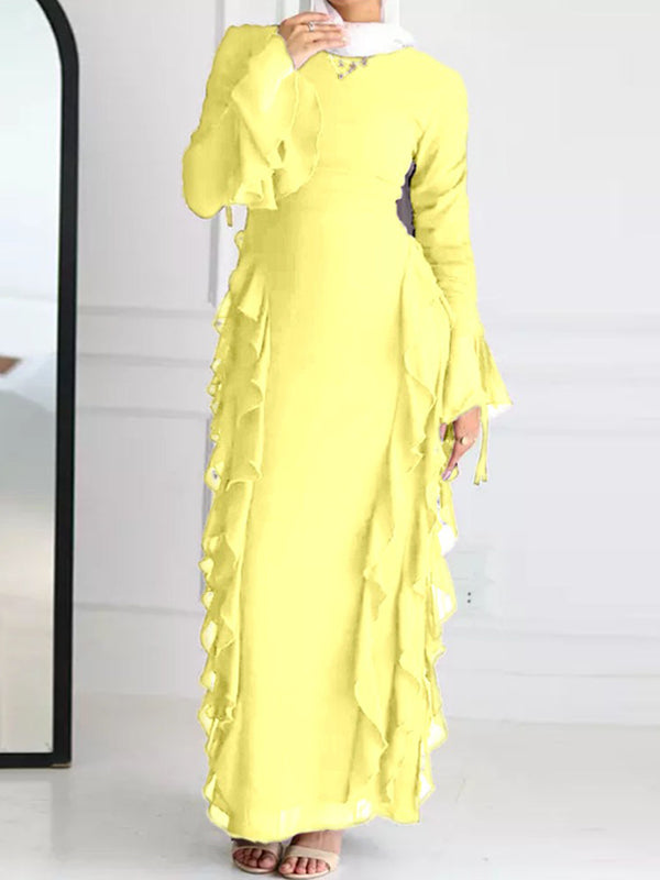 Long Sleeves Loose Falbala Color Round-neck Maxi Dresses