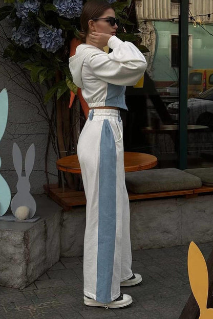 Color Block Hoodie Denim Two Piece Pants Set